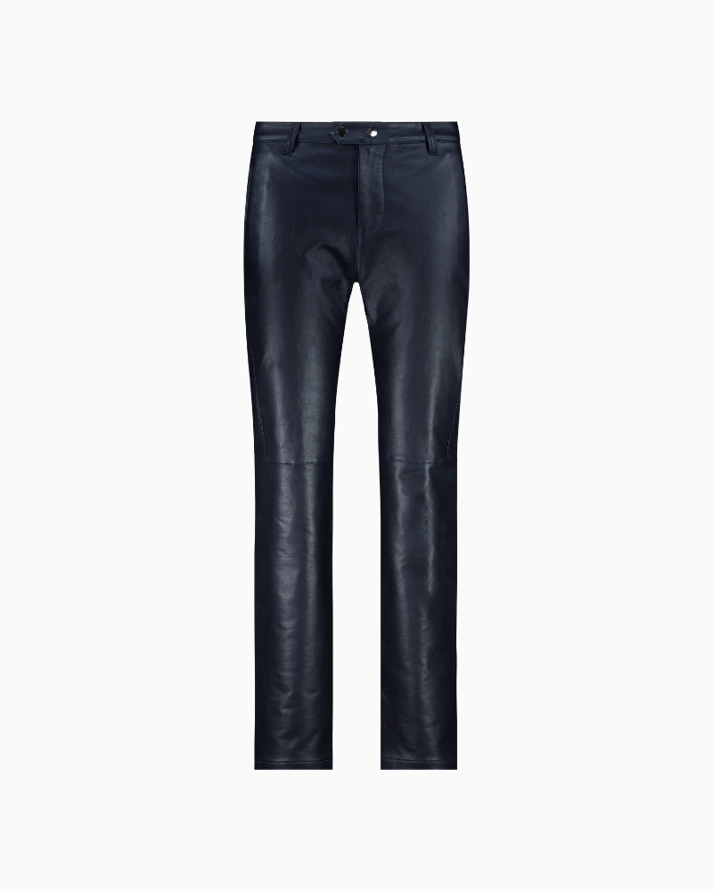 Front view of Monari coated trousers with smooth finish and clean shape