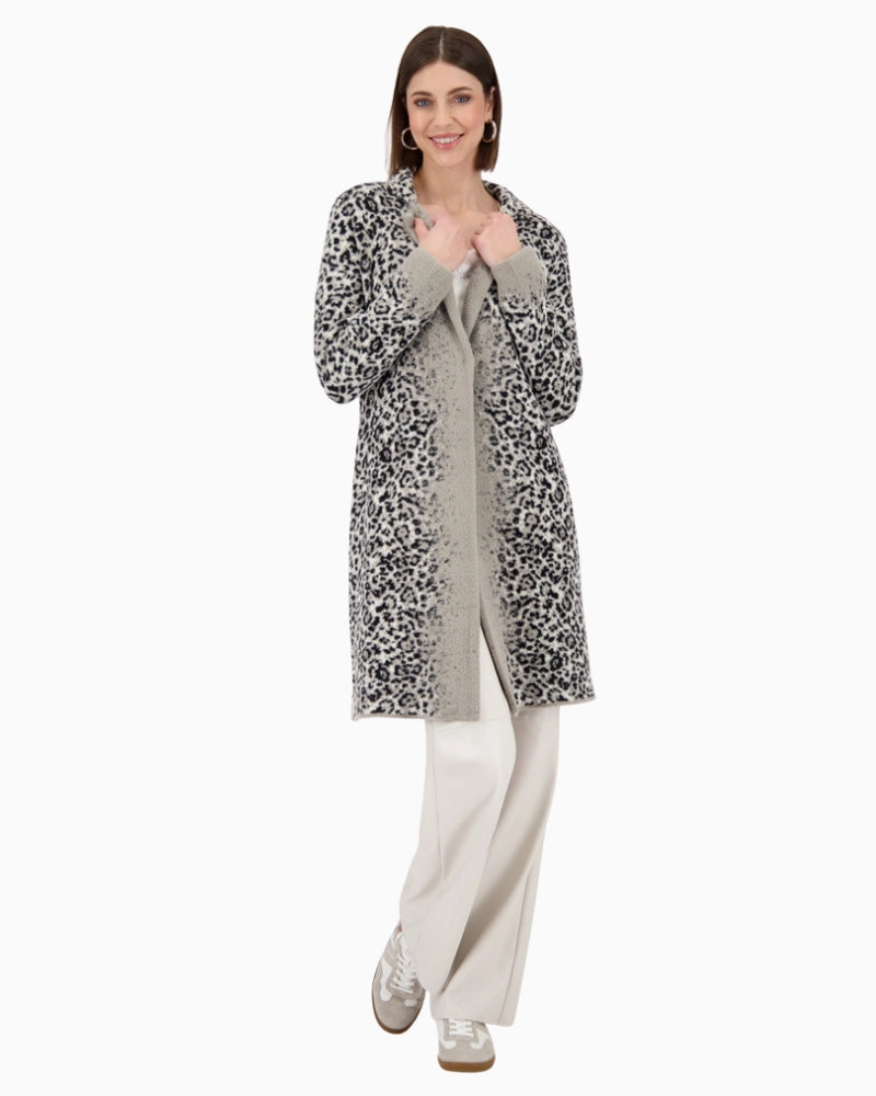 Front view of Monari leopard print knitted coat with lapel collar and button fastening