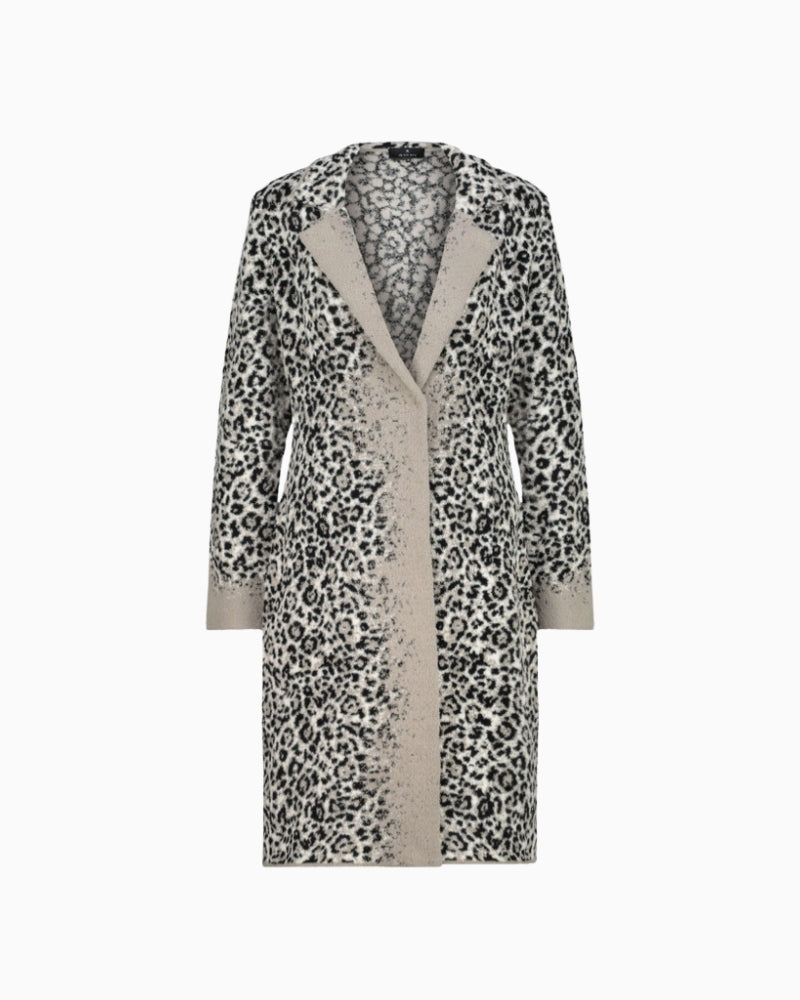 Front view of Monari leopard print knitted coat with lapel collar and button fastening