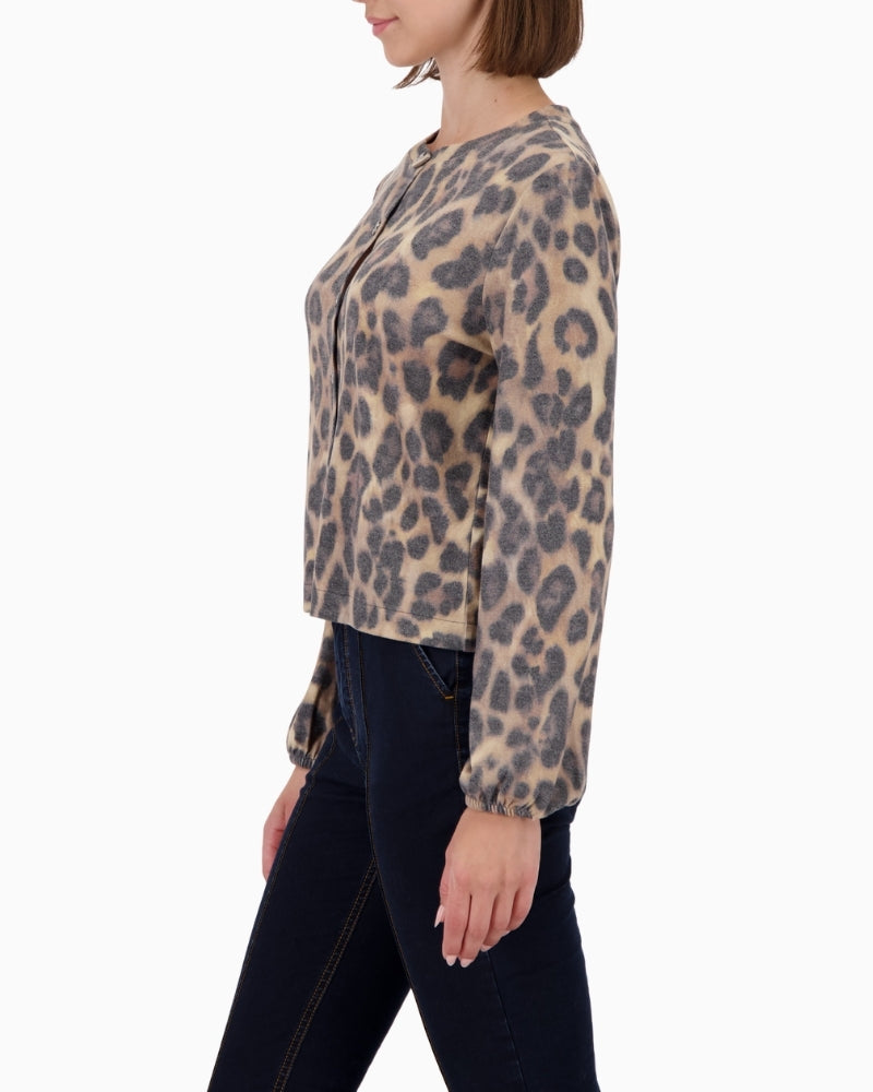 Side view of soft stretch Monari jacket in animal print