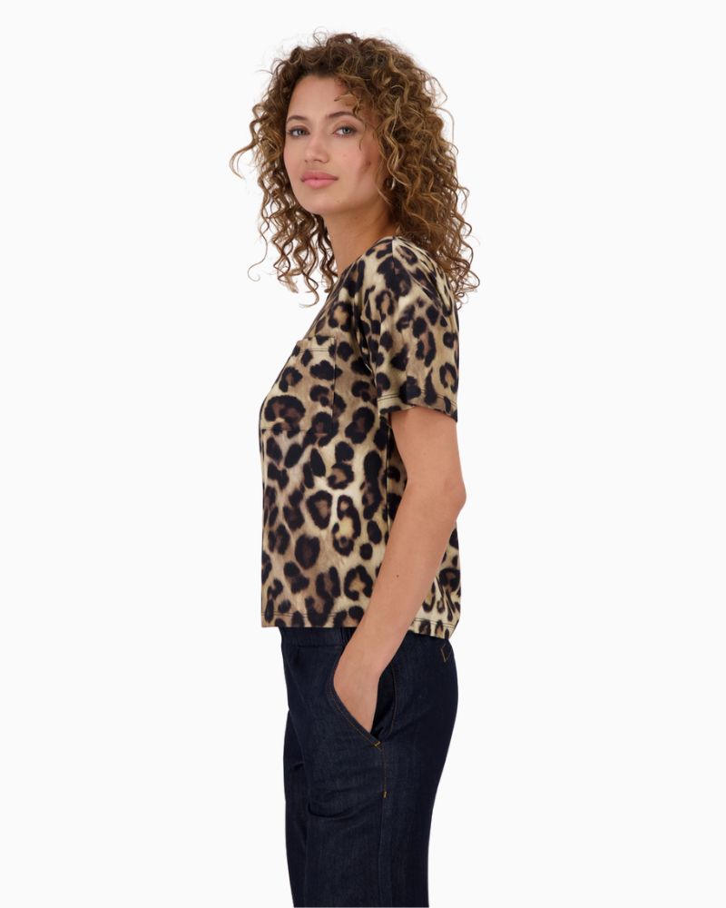 Side view of Monari short sleeve tee showing slit detail and relaxed fit