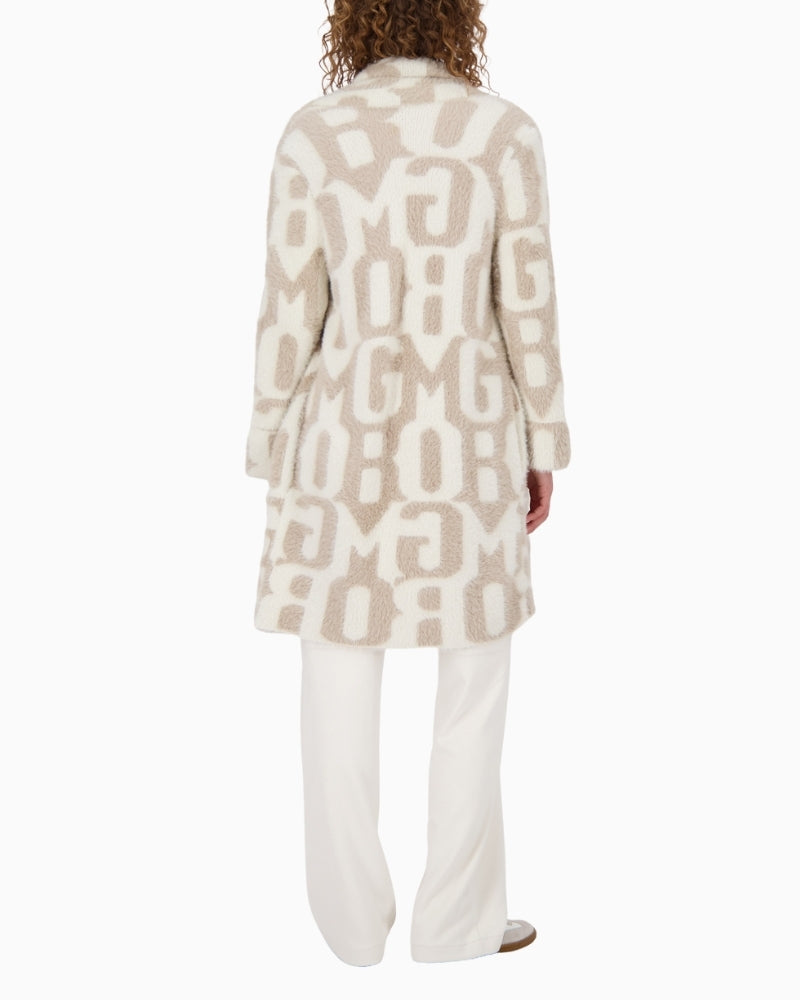 Back view of bold letter print jacket in soft fluffy knit