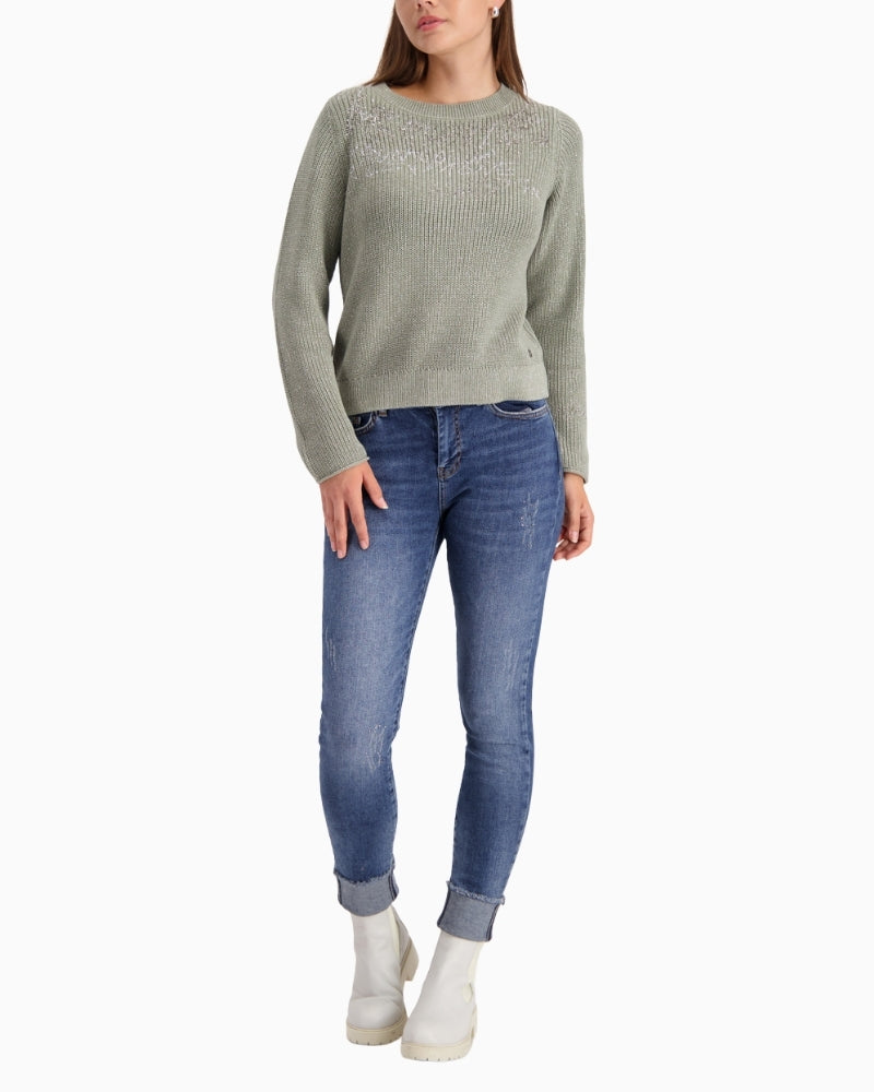 Front view of cotton blend jumper with rhinestones and rolled cuffs