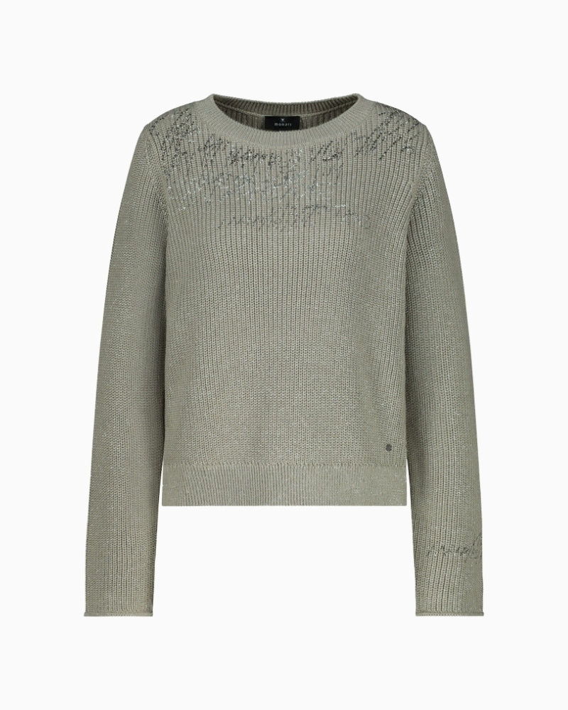 Front view of cotton blend jumper with rhinestones and rolled cuffs