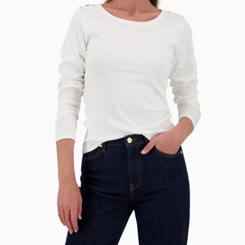 Monari long-sleeve shirt with button placket off white front view laid flat – Áines Boutique