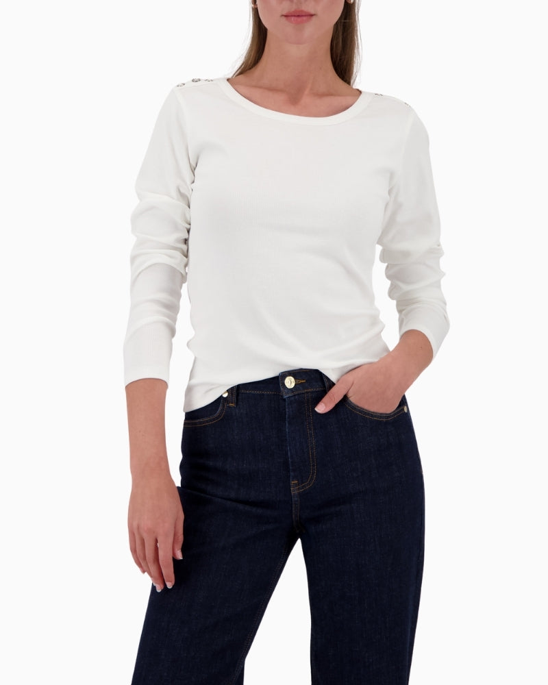 Monari long-sleeve shirt with button placket off white front view laid flat – Áines Boutique