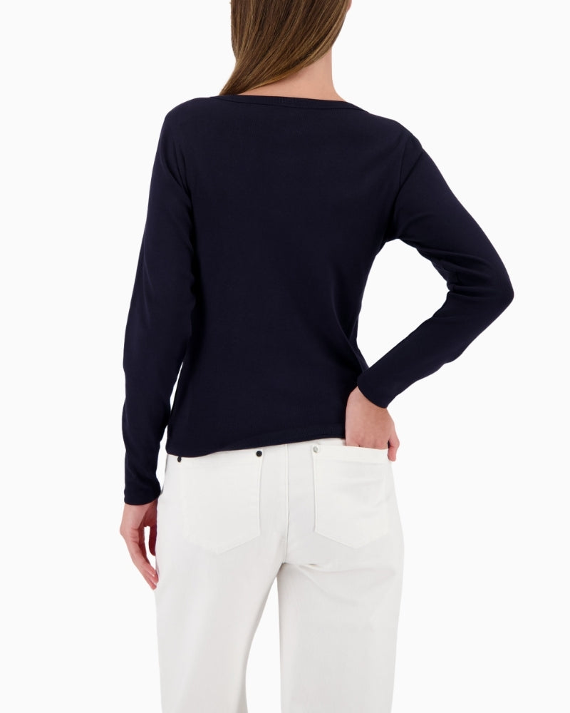 Monari long-sleeve shirt with button placket navy back view – Áines Boutique