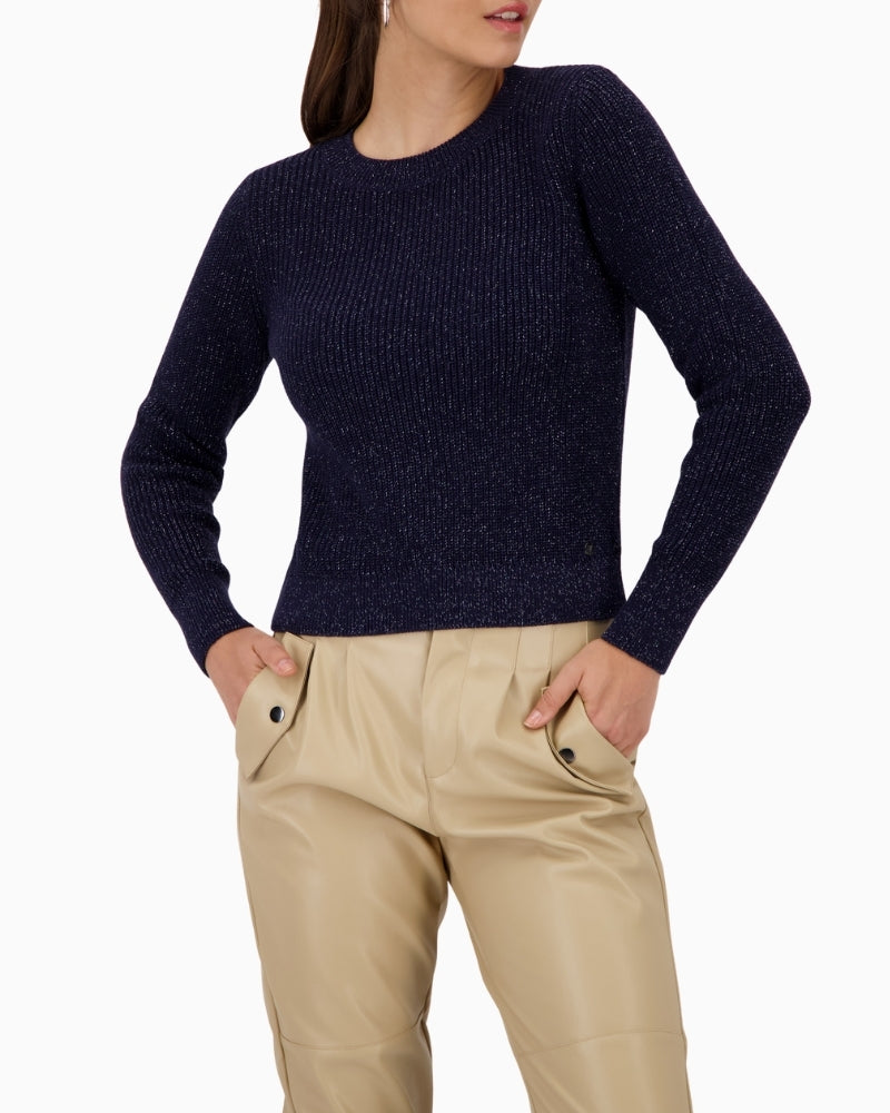 Front view of Monari lurex knit jumper with long sleeves in navy