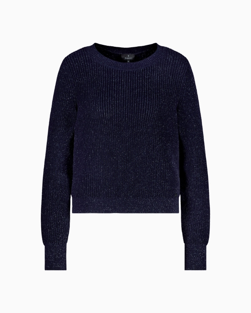 Front view of Monari lurex knit jumper with long sleeves in navy