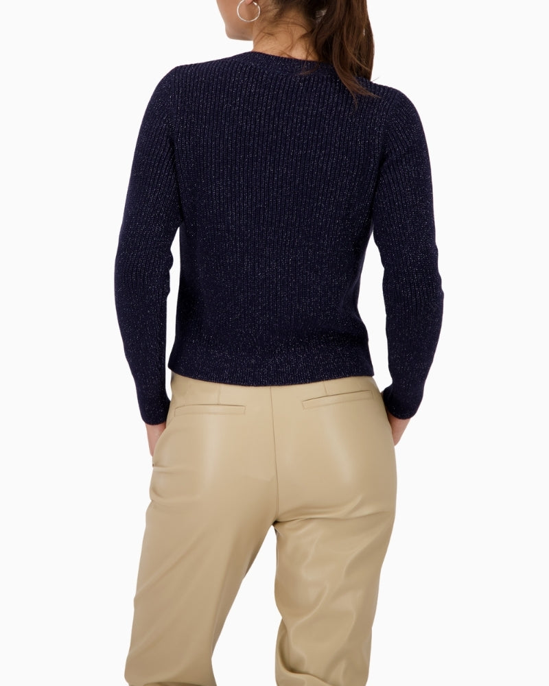 Back view of cotton and lurex blend sweater showing regular fit