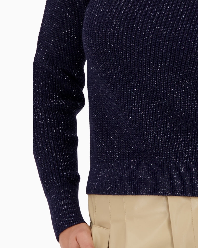 Close-up of subtle lurex thread in navy cotton knit by Monari