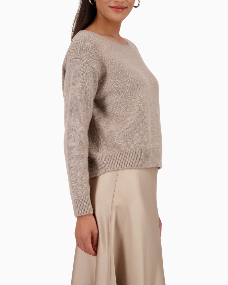 Side view of relaxed-fit Monari lurex sweater with long sleeves