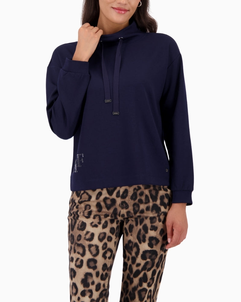 Navy Monari sweatshirt with rhinestone logo and stand-up collar