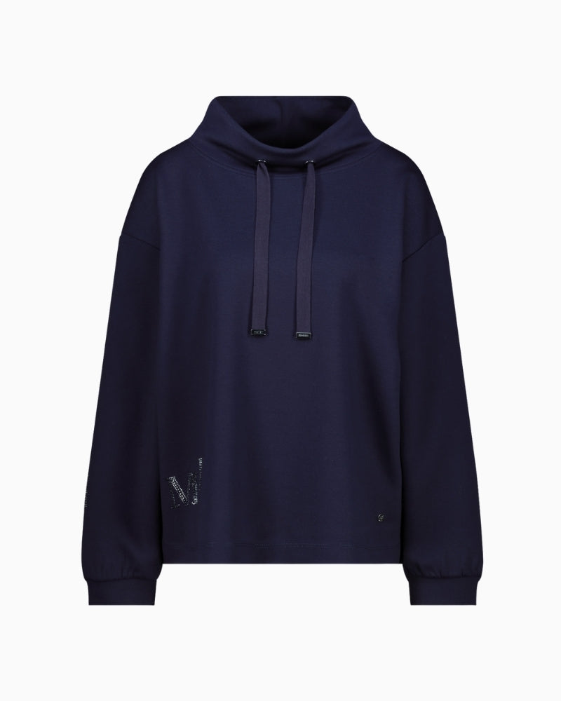 Navy Monari sweatshirt with rhinestone logo and stand-up collar
