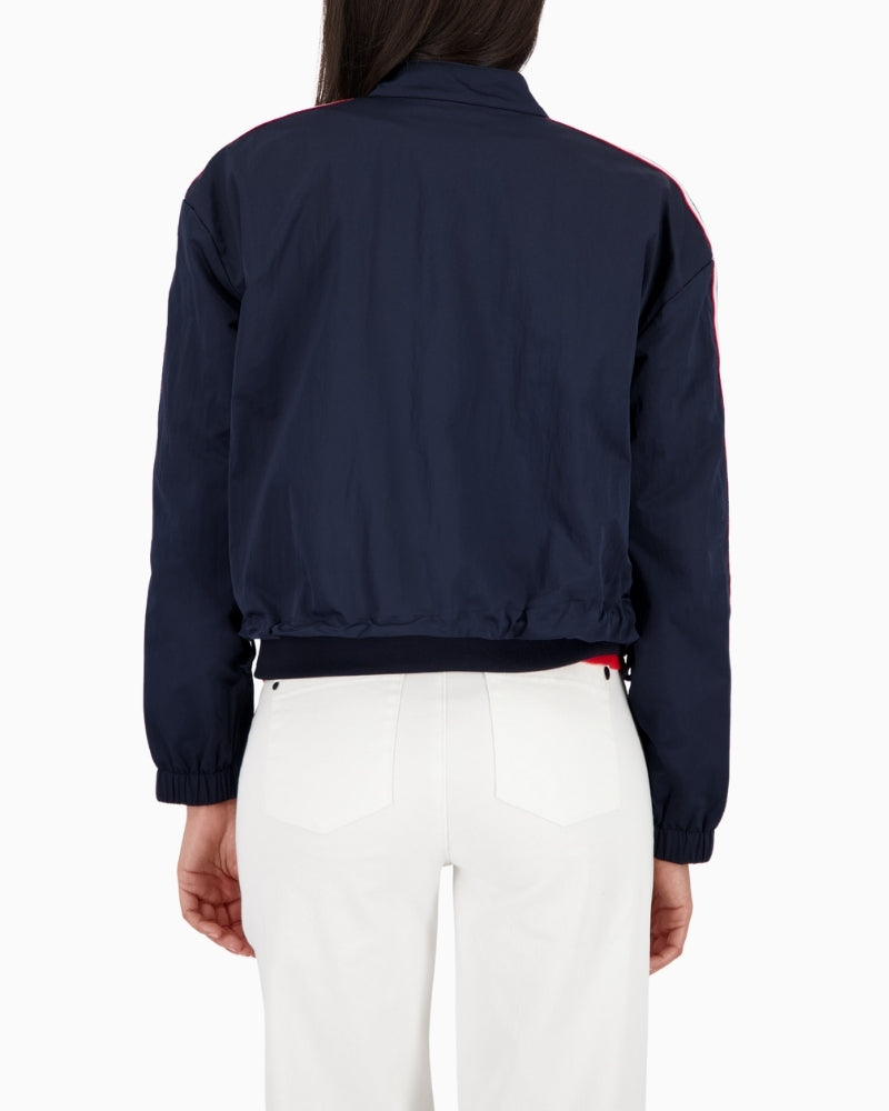 Monari nylon jacket navy back view showing cropped shape – Áines Boutique