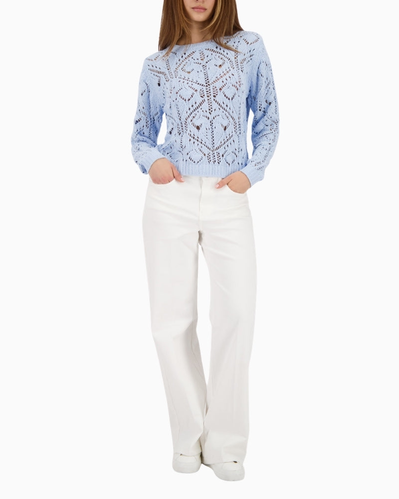Monari openwork knit jumper light blue, woman wearing front view – Áines Boutique