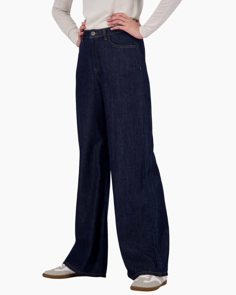 Side view of Monari faux suede trousers with straight-leg and side pockets