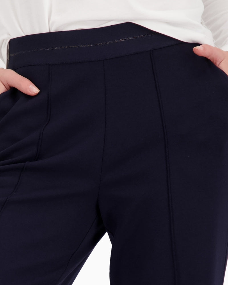 Monari glitter stripe pants navy close-up of waistband detail – Áines Boutique