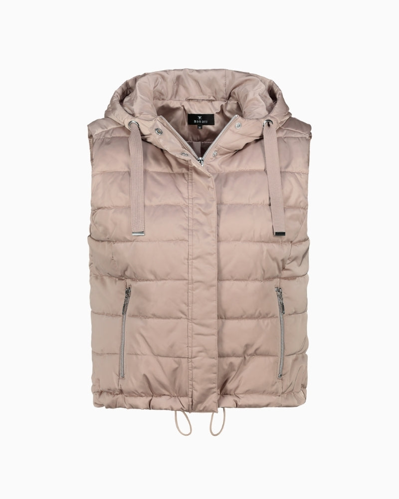Front view of Monari quilted gilet with zip pockets and drawstring hood
