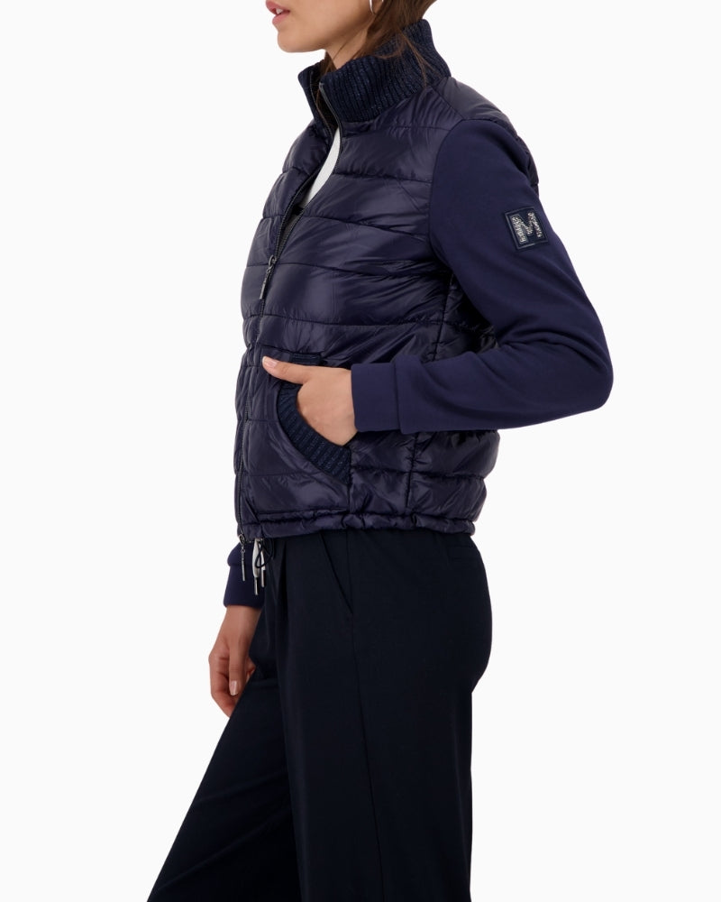 Side view of lightweight Monari jacket showing wool-blend contrast panels