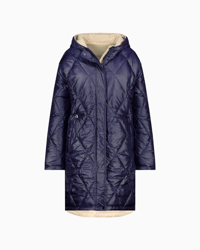 Plain side of Monari two-in-one coat with flap pockets and adjustable waist