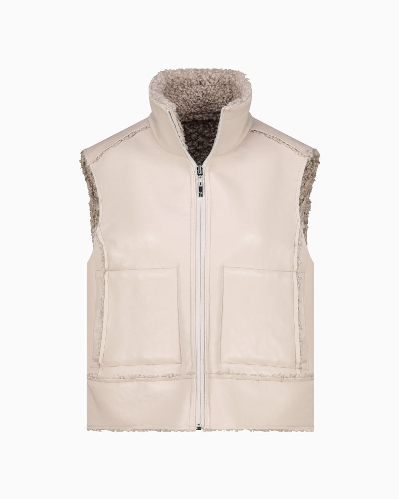 Front view of sleeveless Monari gilet with stand-up collar