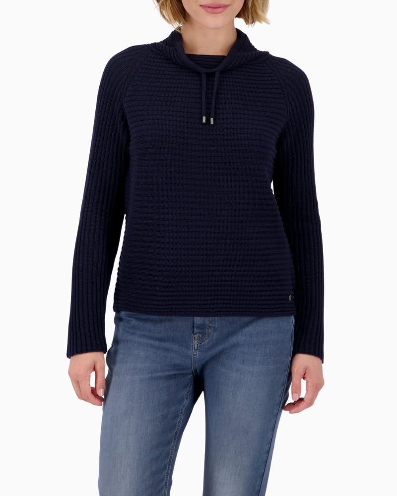 Monari navy ribbed jumper with round neckline and long sleeves