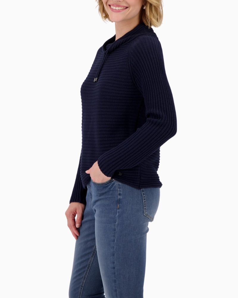 Side view of cotton blend knit in navy with ribbed texture by Monari