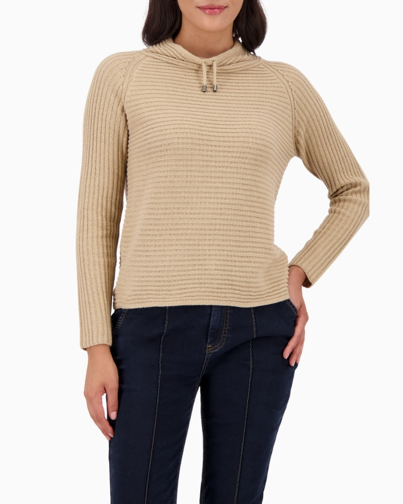 Monari beige ribbed jumper with round neckline and soft cotton blend