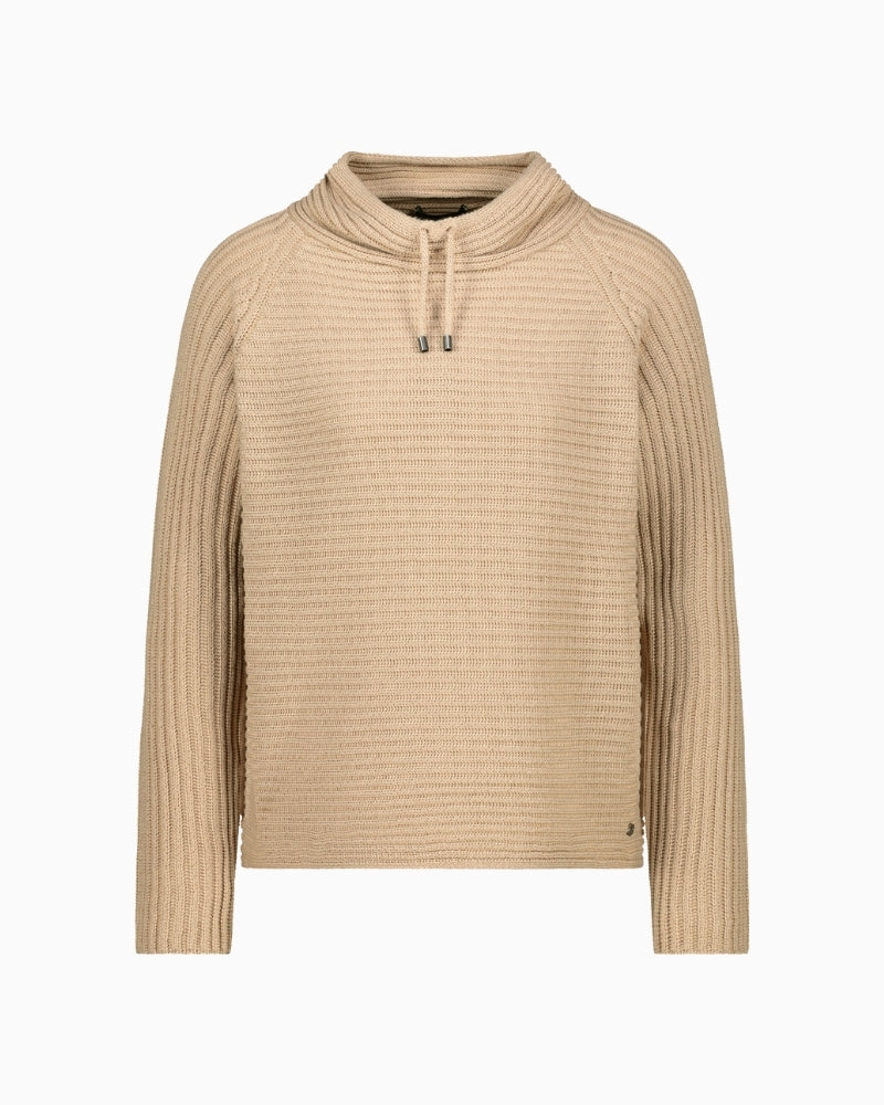 Front view of beige cotton knit sweater with ribbed texture by Monari