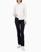Shirt collar and chest pocket on crisp cotton stretch blouse