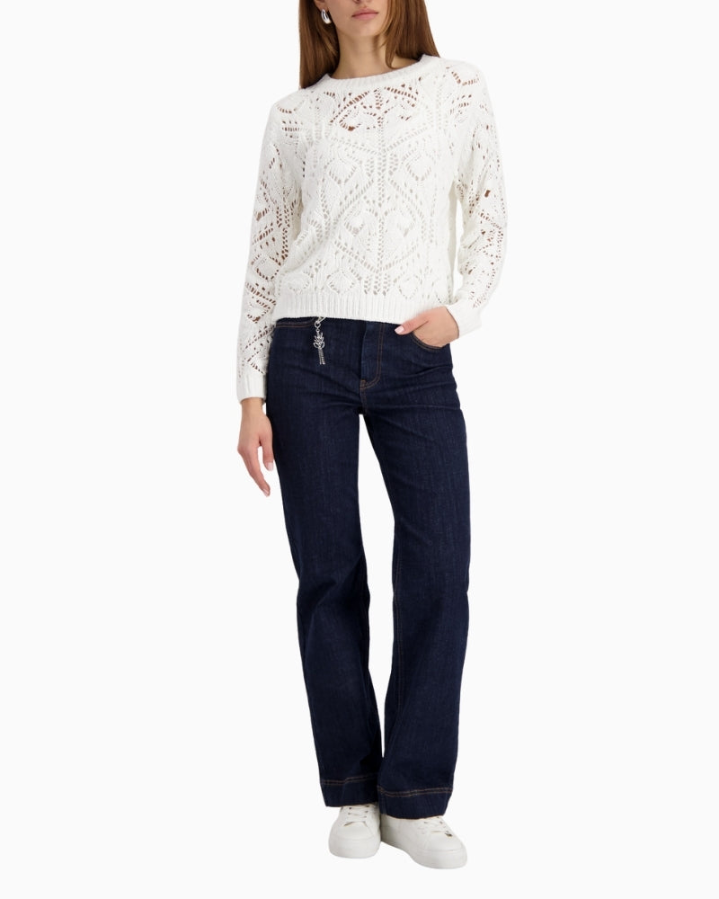 Women wearing Monari soft knitted ajour jumper off white front view – Áines Boutique