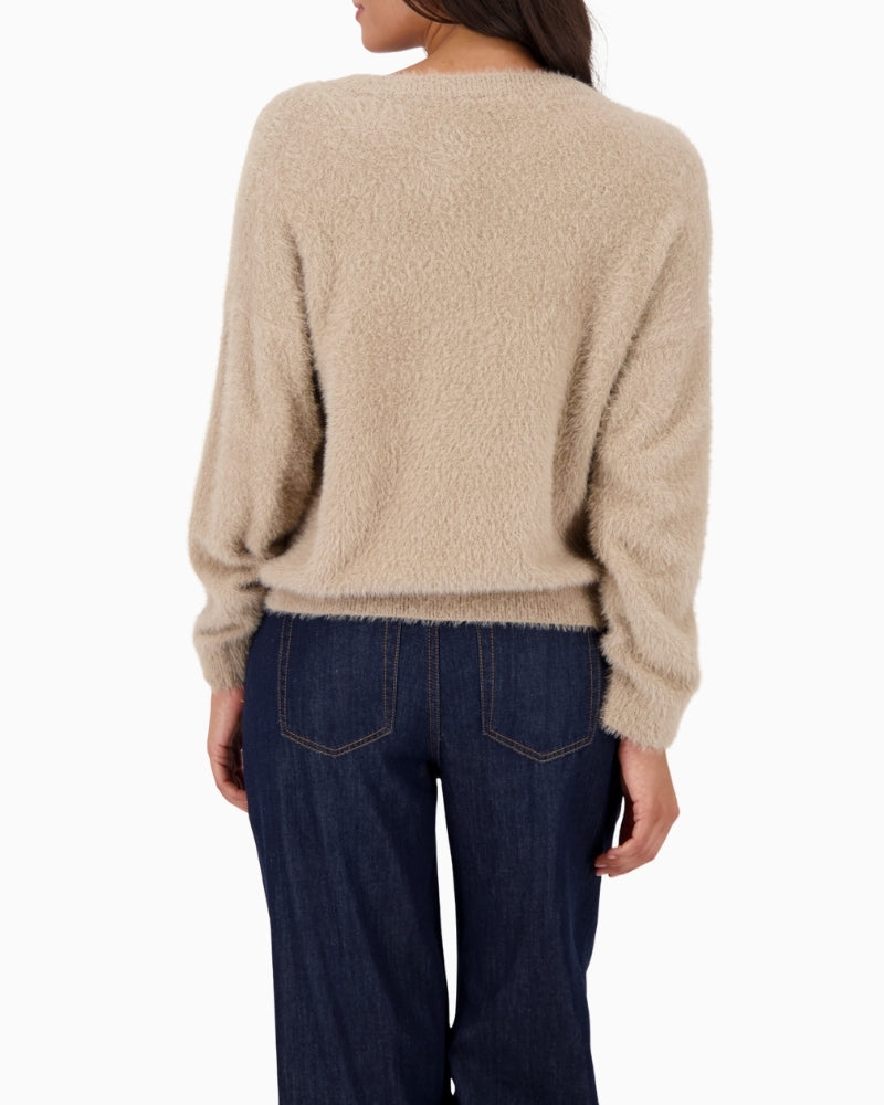 Back view of Relaxed-fit olive pullover with dropped shoulders and long sleeves