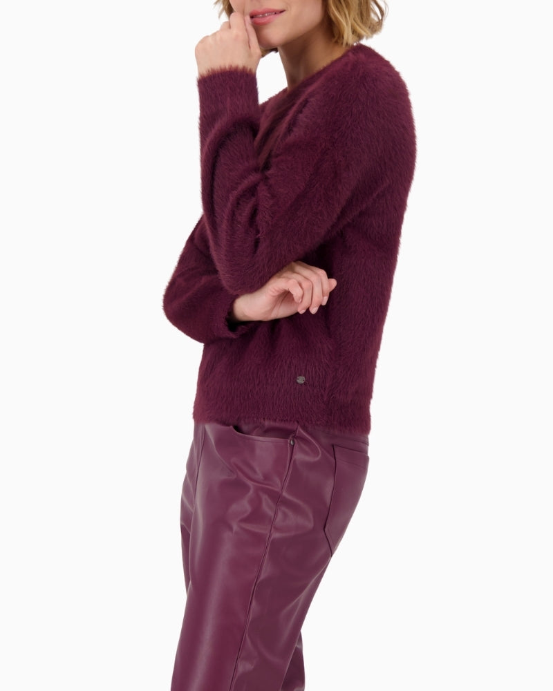 Side view of Monari Bordeaux cotton blend sweater with round neck