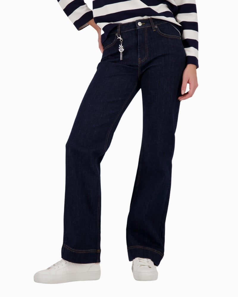 Monari straight-leg jeans with charms dark blue front view laid flat – Áines Boutique