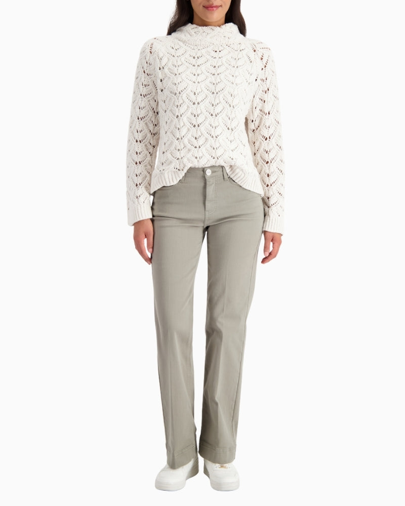 Front view of dark jeans with side pockets and pressed crease