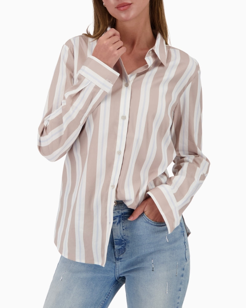 Monari beige striped blouse in cotton blend with stretch