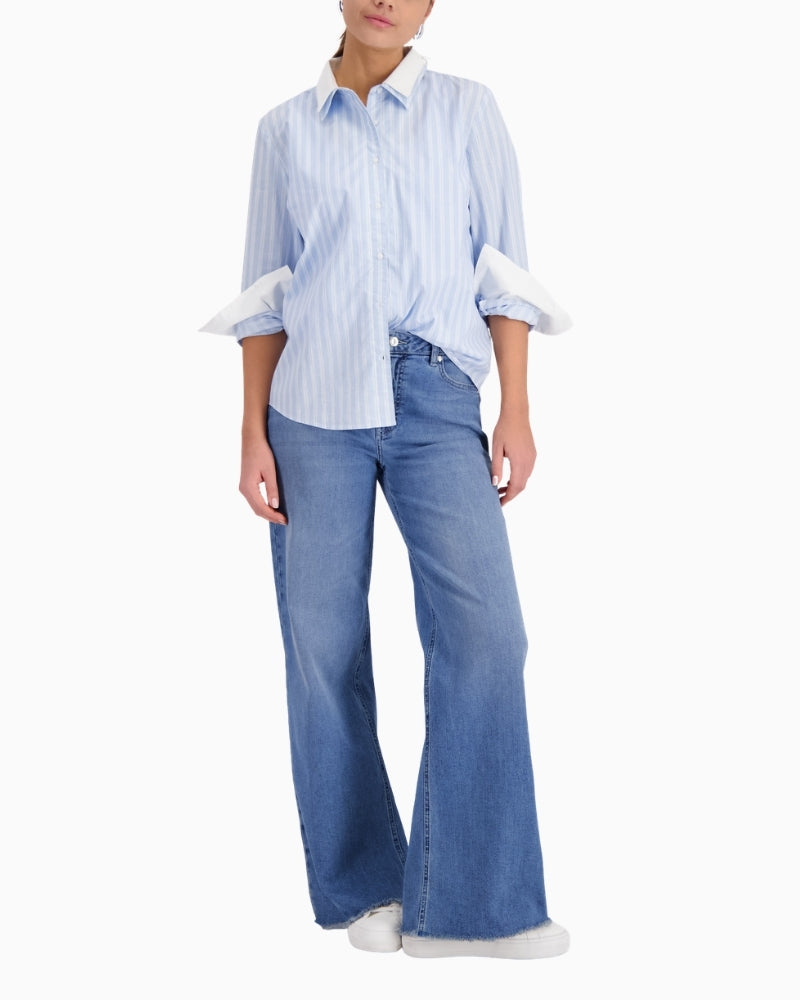 Monari striped cotton blouse, woman wearing front view – Áines Boutique