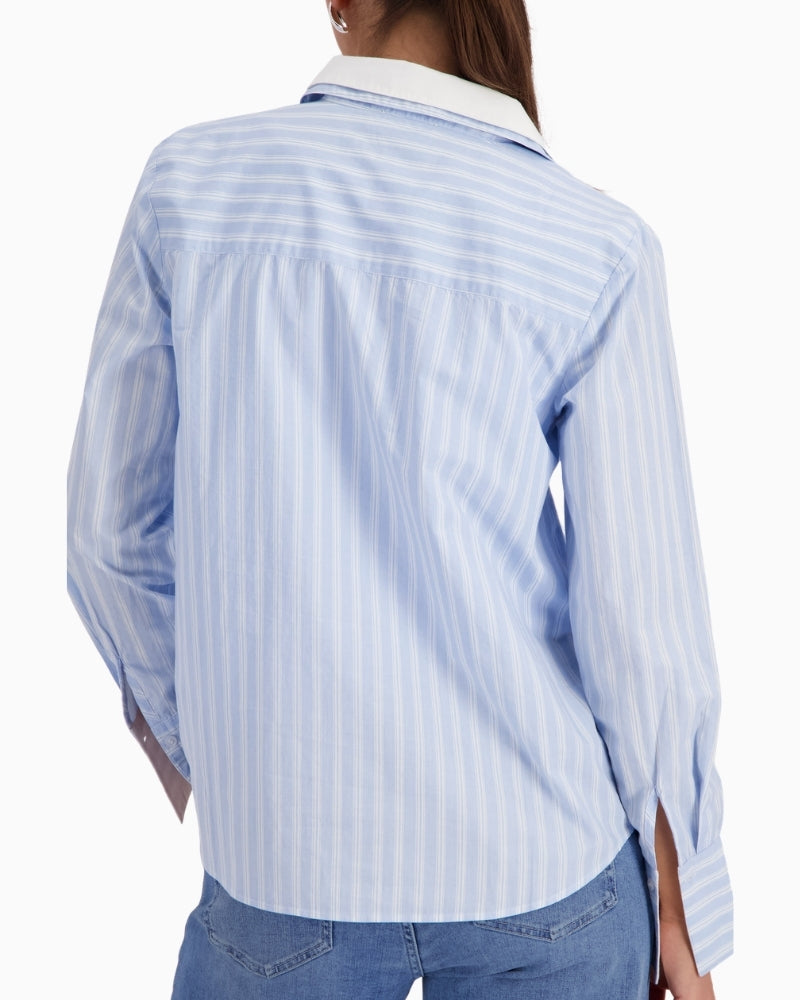 Monari striped cotton blouse, woman wearing back view – Áines Boutique