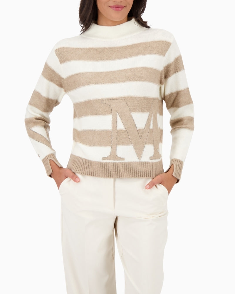Front view of Monari striped jumper with rhinestones and stand-up collar