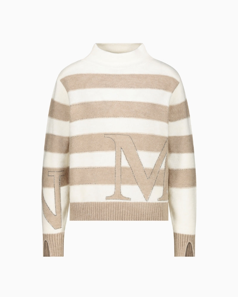 Front view of Monari striped jumper with rhinestones and stand-up collar