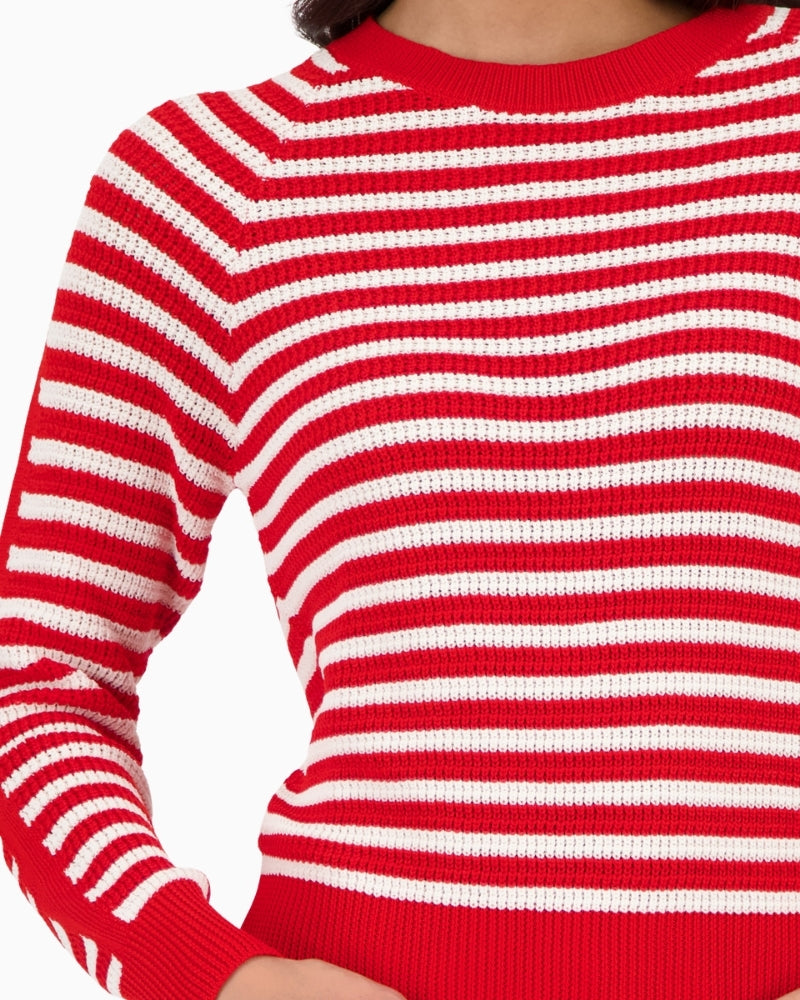 Monari striped jumper red and off white close-up of ribbed neckline – Áines Boutique