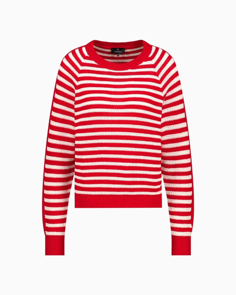 Monari striped jumper red and off white close-up of knit texture – Áines Boutique