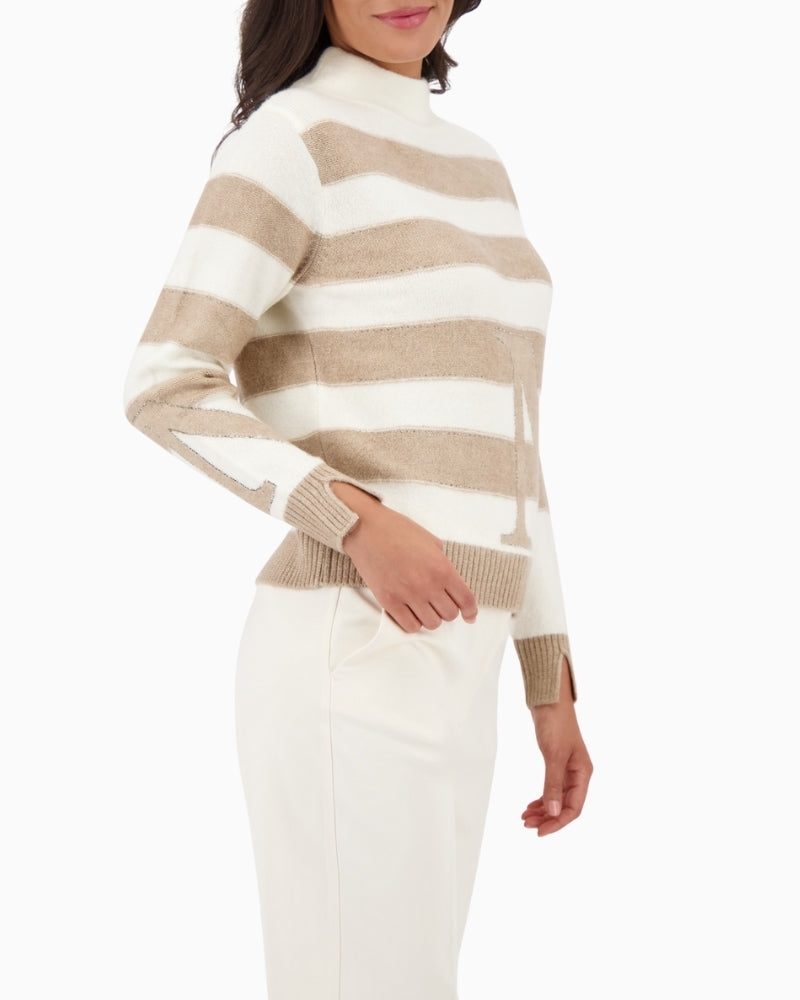 Side view of Monari striped jumper with rhinestones and stand-up collar