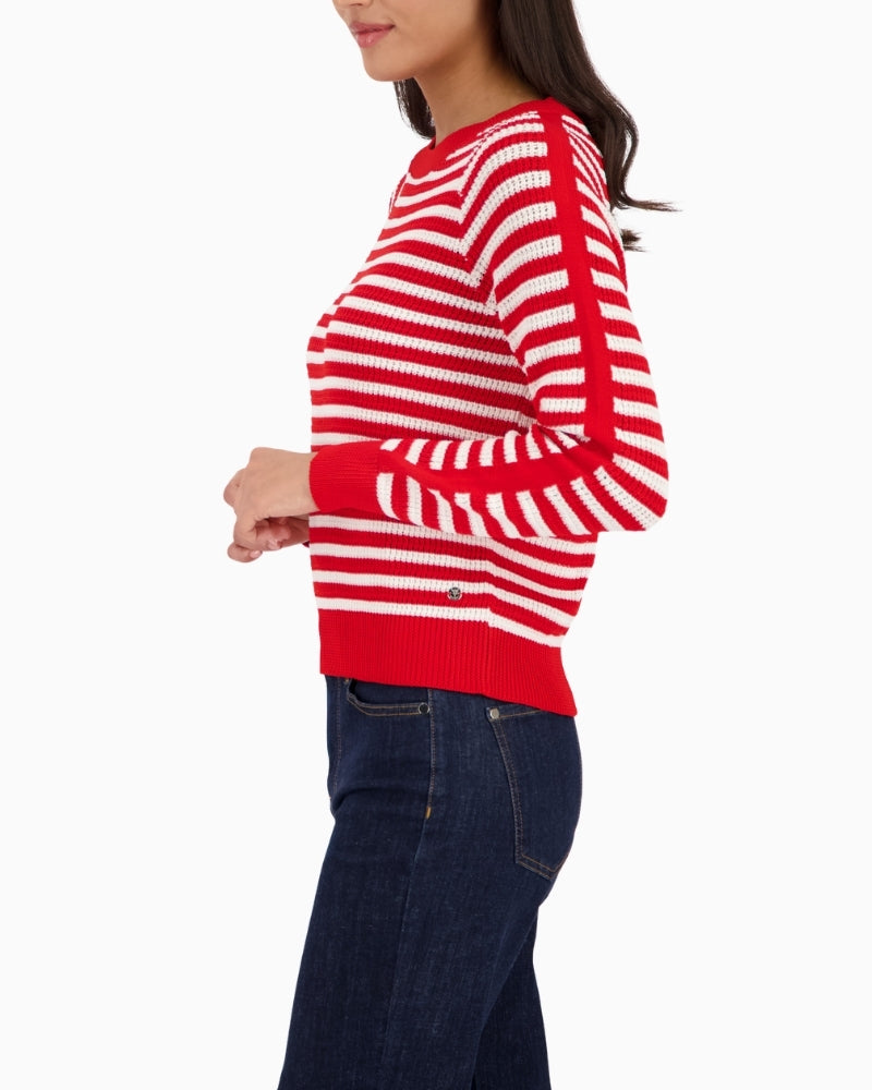 Monari striped jumper red and off white side view with sleeve shape – Áines Boutique