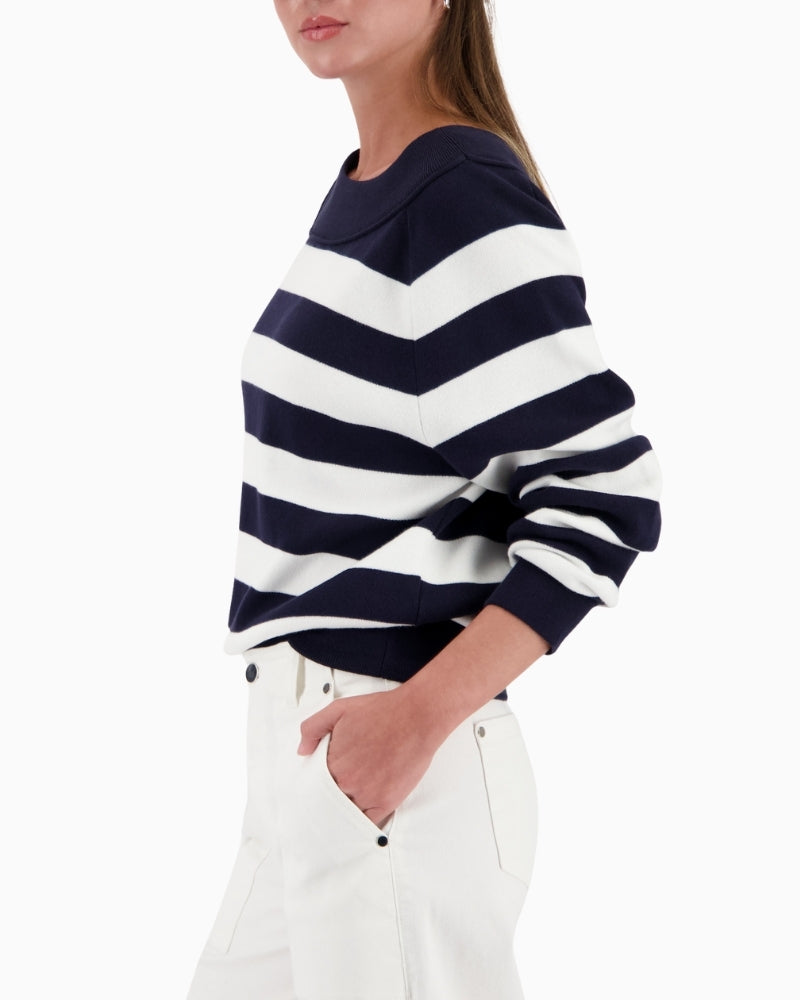 Monari striped knit jumper navy and white side view with sleeve detail – Áines Boutique