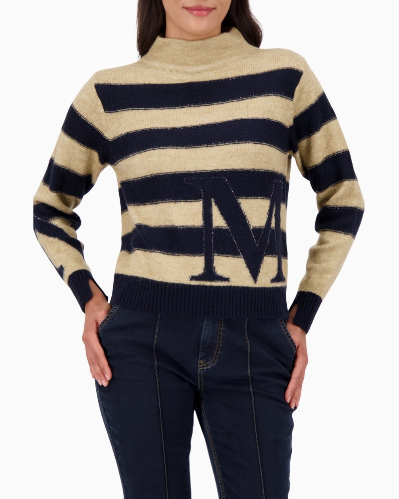 Monari striped viscose blend sweater with rhinestones and stand-up collar