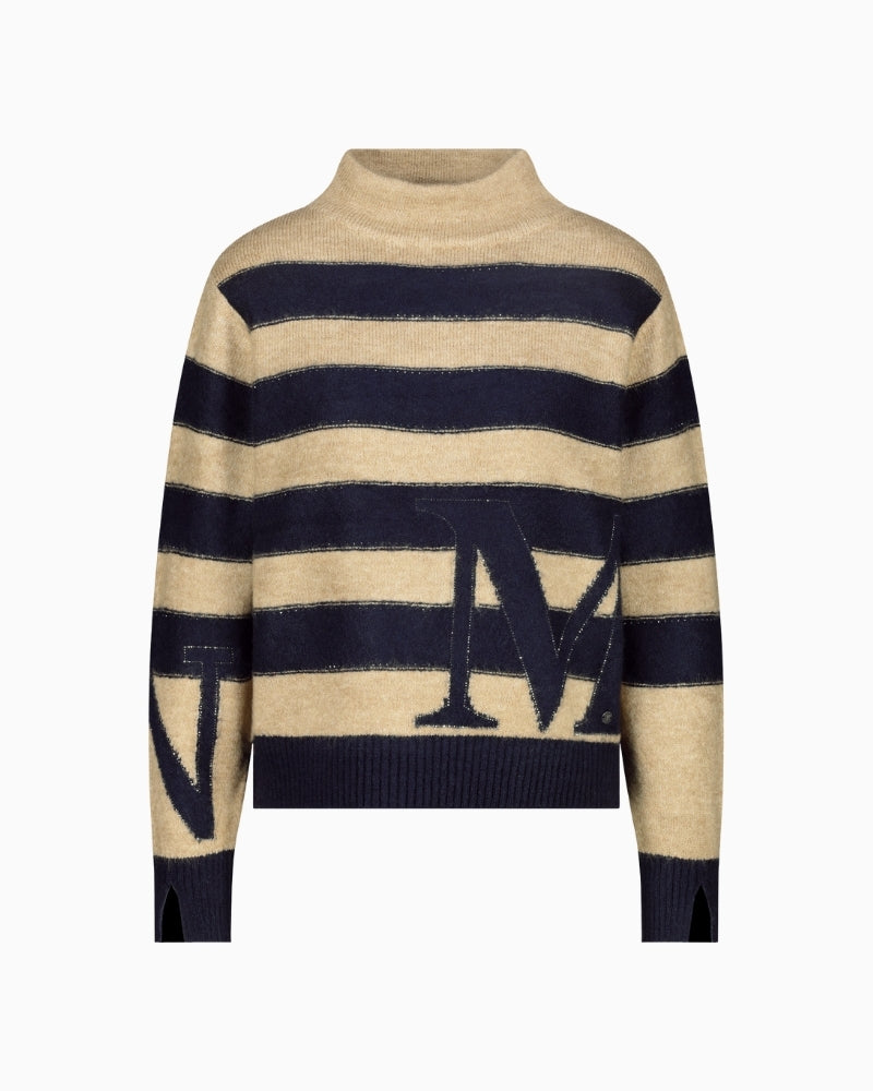 Front view of Monari knit jumper with intarsia pattern and long sleeves
