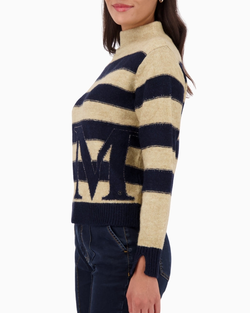 Side view of Monari knit jumper with intarsia pattern and long sleeves