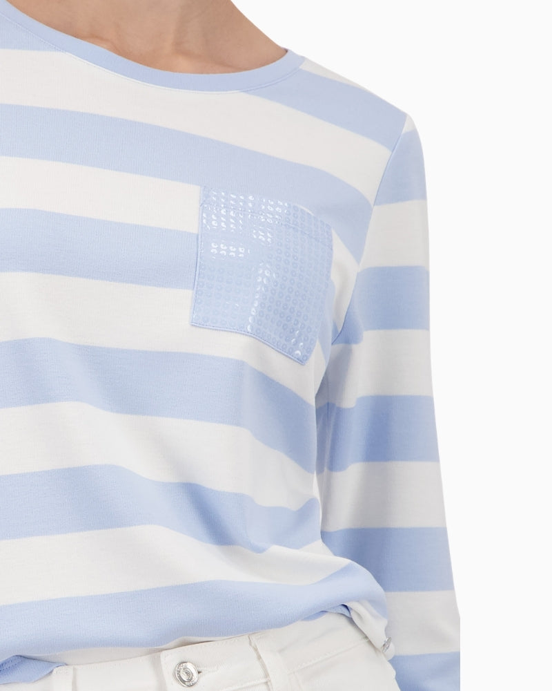 Monari striped sweatshirt sequin chest pocket close-up – Áines Boutique